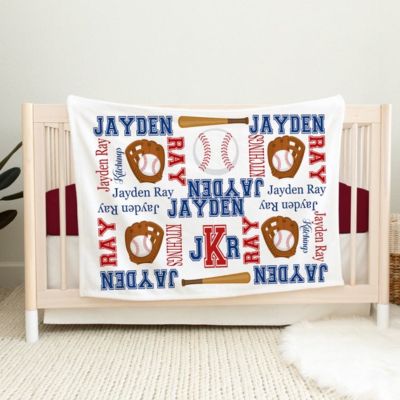 Baseball Baby Blanket, Personalized Baby Name Navy Blue Red