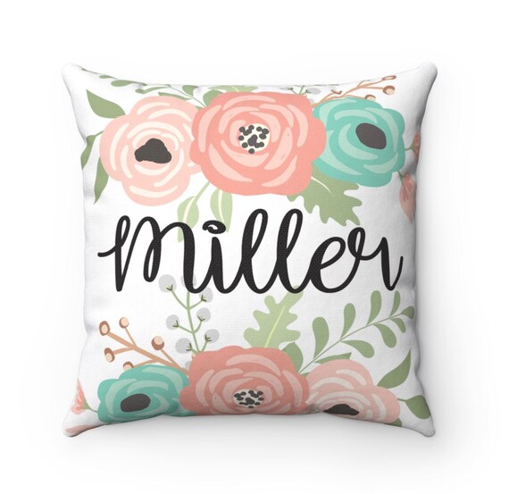 Floral Throw Pillow Coral Mint Green Teal Gray Flowers Pillow Etsy