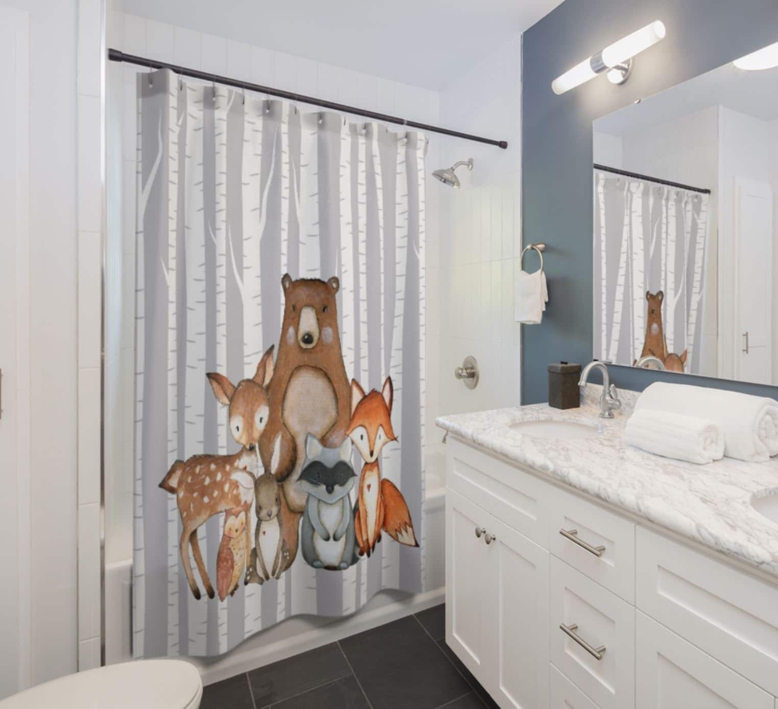 Woodland Animals Kids Shower Curtain, Woodland Forest Bath Mat Bathroom ...