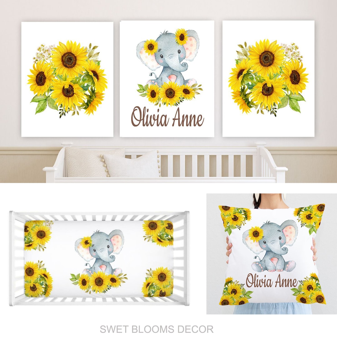 Sunflower Elephant Baby Girl Nursery Decor Collection Baby Shower Gift  Set:fitted Sheet,16x16 Throw Pillow,3(11x14) Unframed Wall Art UK