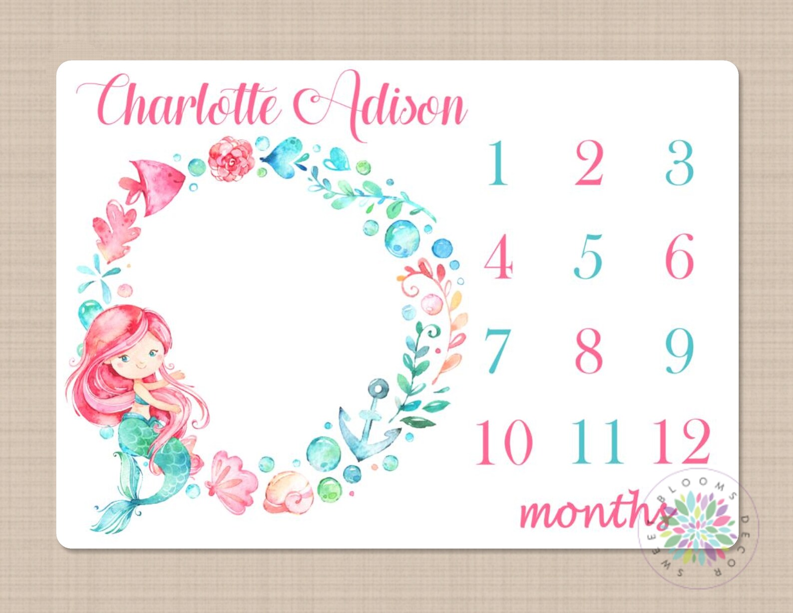 Mermaid Milestone Blanket Monthly Growth Tracker Sea Animals Pink Teal ...