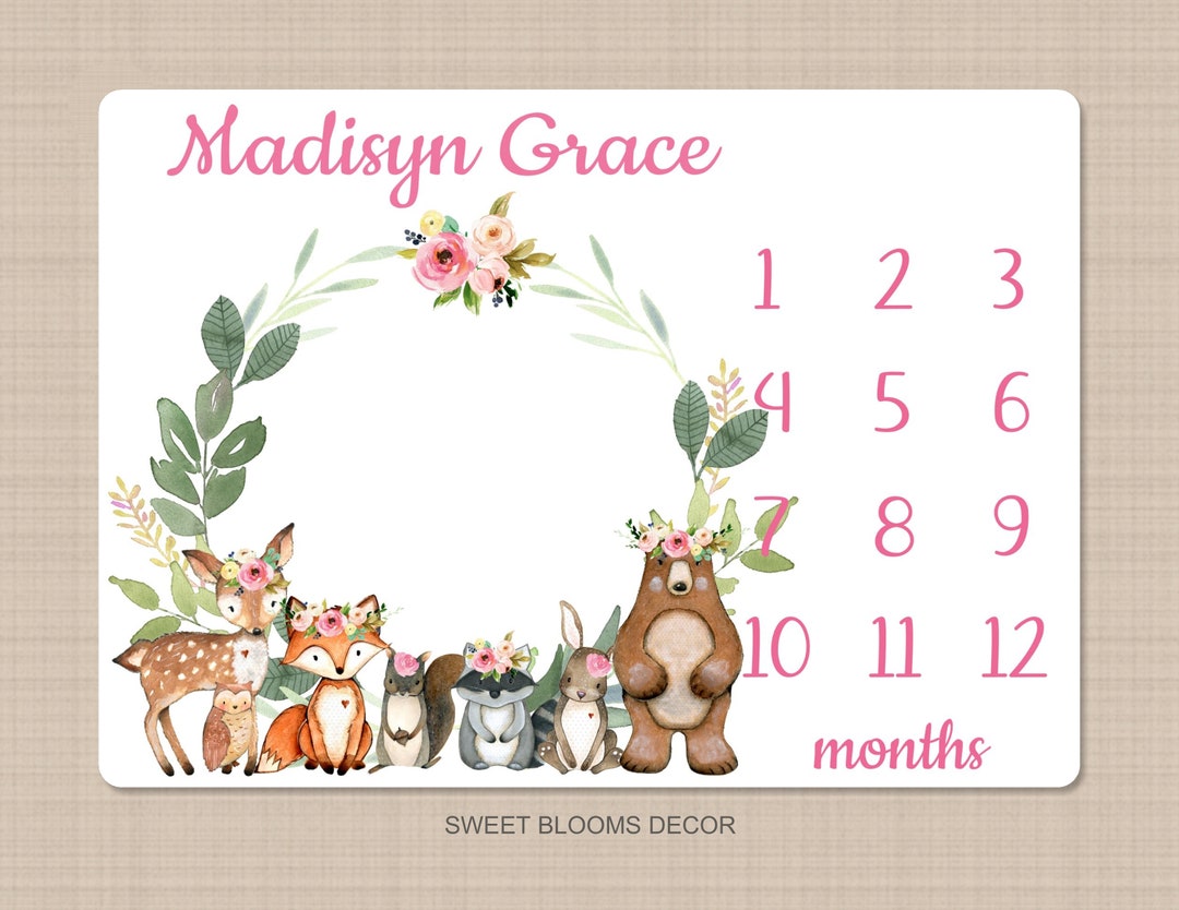 Woodland Girl Milestone Blanket Personalized Baby Girl Woodland Animals ...