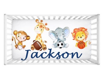 Safari Animals Sports Fitted Sheet Jungle Sports Balls Baby Shower Gift Nursery  Lion Monkey Elephant Giraffe C129
