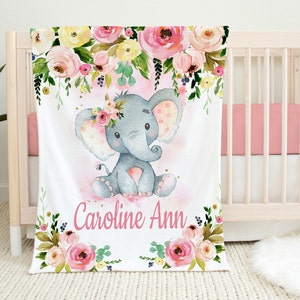 Personalized Elephant Baby Blanket, Custom Name Baby Girl Elephant, Pink Roses Animals Blanket, Elephant Floral, Baby Shower Gift  B1180