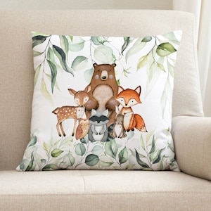 Woodland Animals Nursery Throw Pillow Eucalyptus Green Leaves  Forest Bear Deer Fox Owl Raccoon Baby Boy Nursery Decor  P328