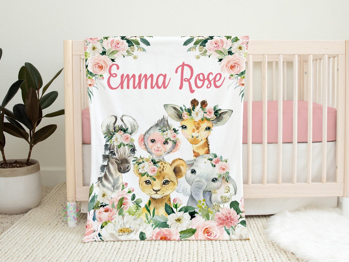 Safari Animals Baby Girl Name Blanket, Blush Pink Floral Personalized ...