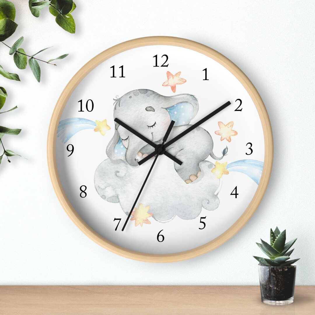 Sleeping Elephant Wall Clock, Kids Wall Clock, Clouds Elephant Stars