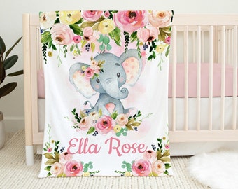 Elephant Baby Blanket, Personalized  Girl Blush Pink Flowers Roses  Name Blanket Baby  Shower Gift Newborn Nursery Bedding Birthday B1181