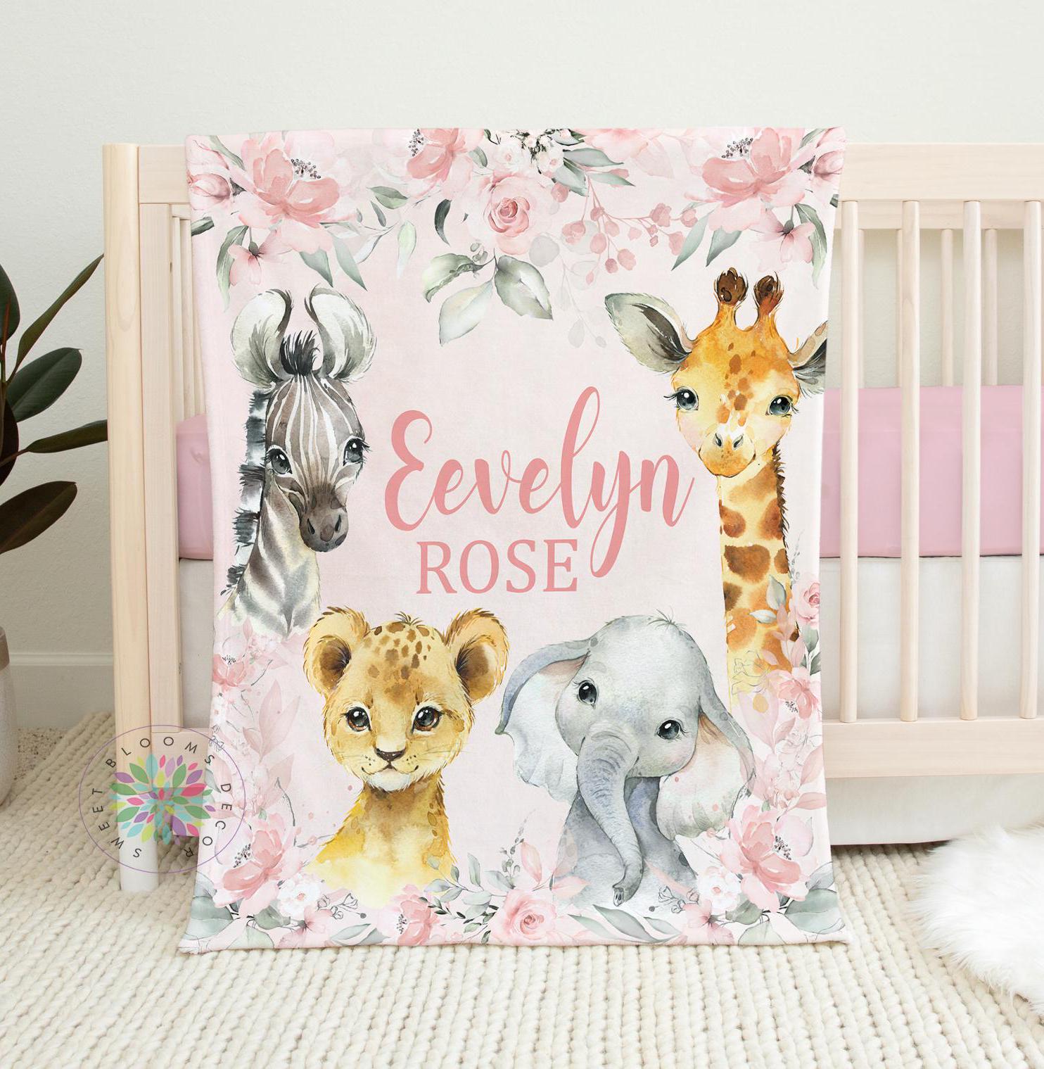 Animals Floral Blanket, Blush Pink Flowers, Safari Jungle Girl Name ...