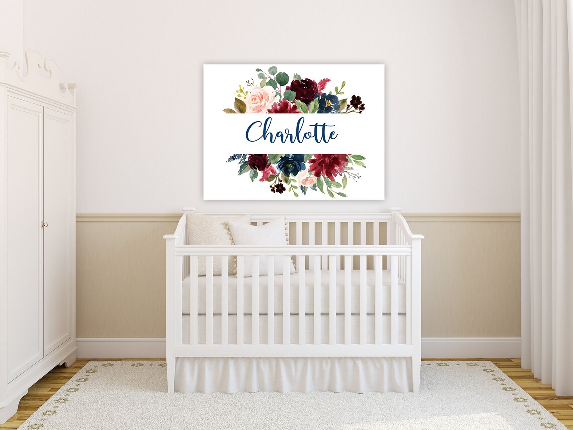 Floral Girl Nursery Wall Art Burgundy Red Blush Pink Navy Blue Flowers ...