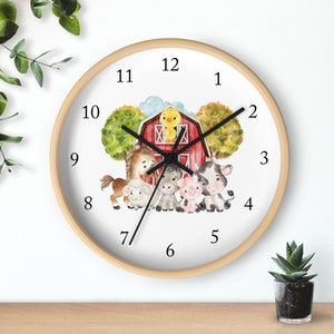 Farm Animals Nursery Wall Clock, Cow Pig Horse Chicken Sheep Barn Yard Kids Bedroom Decor, T158