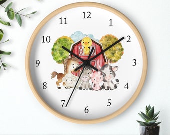 Farm Animals Nursery Wall Clock, Cow Pig Horse Chicken Sheep Barn Yard Kids Bedroom Decor, T158