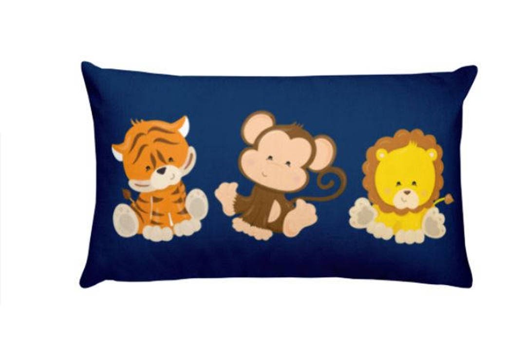 Safari Animals Throw Pillow Navy Blue Safari Nursery Decor Lion Monkey Animals Kids Room Decor