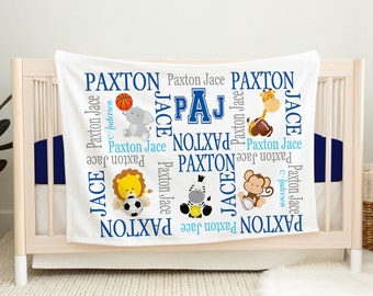 Safari Animals Sports Blanket, Personalized Sports Balls, Elephant Lion Monkey Giraffe Blanket Baby Future All Star, Newborn Baby Gift B142