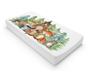 Woodland Animals  Changing Pad Cover Evergreens Pine Trees Forest Bear Dear Fox Owl Raccoon Baby Boy Shower Gift C147