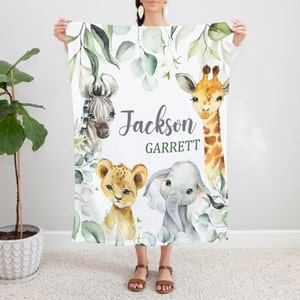 Safari Animals Baby Blanket, Jungle Greenery Personalized Boy Girl Name ...