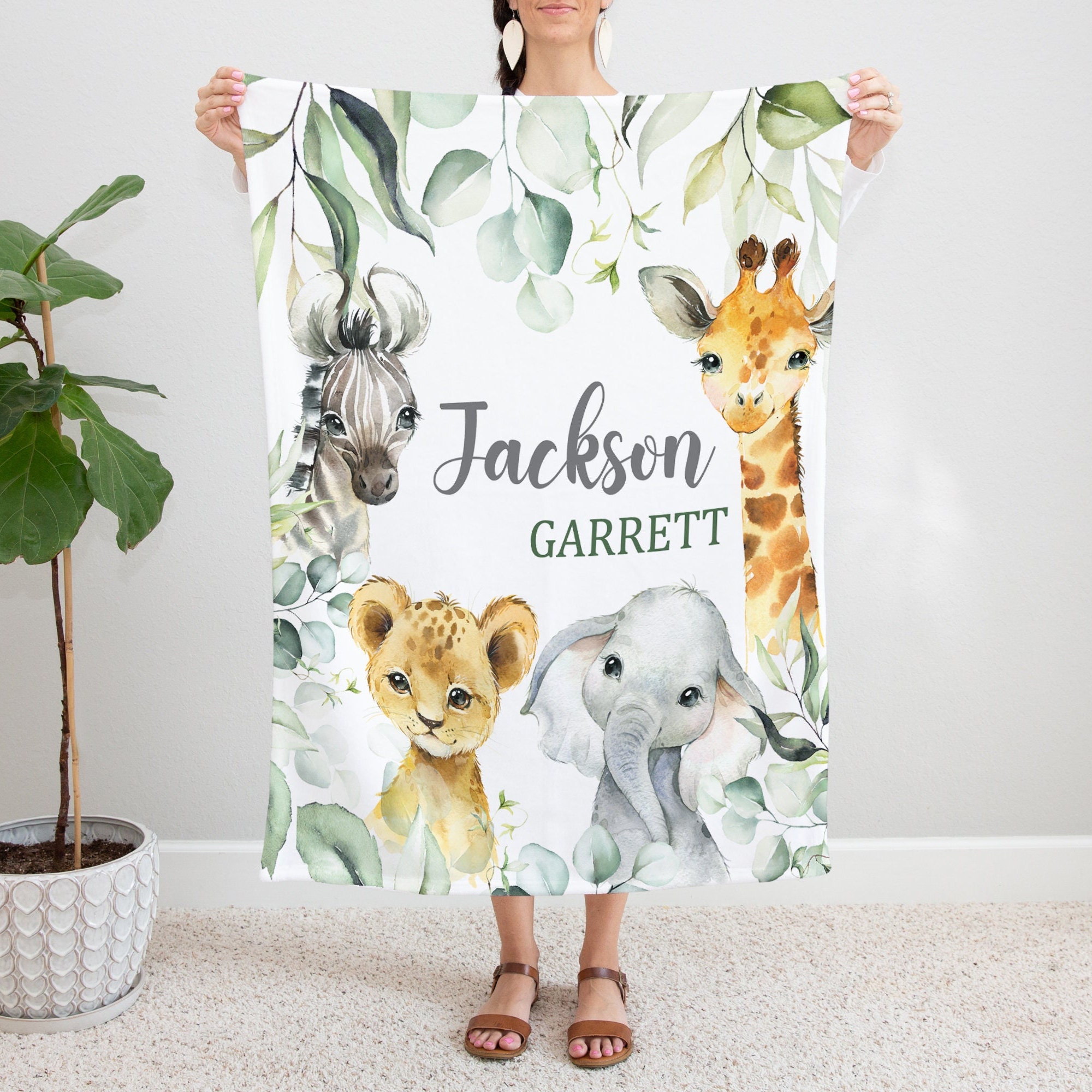 Safari Animals Baby Blanket, Jungle Greenery Personalized Boy Girl Name ...