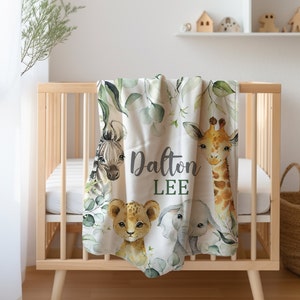 Safari Animals Baby Blanket, Jungle Greenery Personalized Boy Girl Name ...