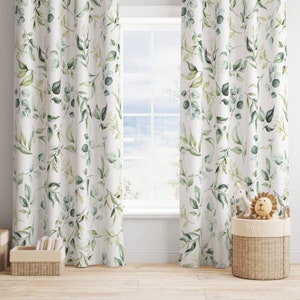 Green Leaves Window Curtains, Nursery Drapes, Eucalyptus Greenery Gender Neutral Girl Boy Bedroom  Panels, Forest Woodland SHEER OR BLACKOUT
