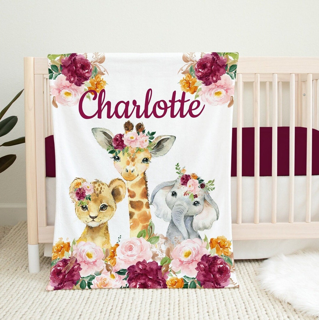 Animals Baby Blanket, Girl Personalized Floral Safari Jungle Flowers ...