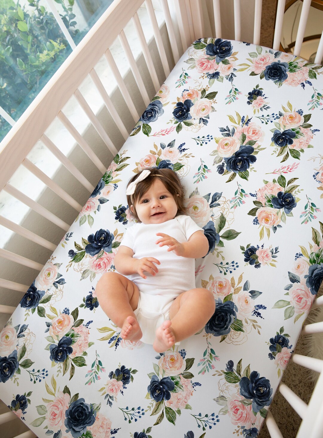 Navy Blush Pink Floral Crib Sheet, Watercolor Flowers Roses Nursery