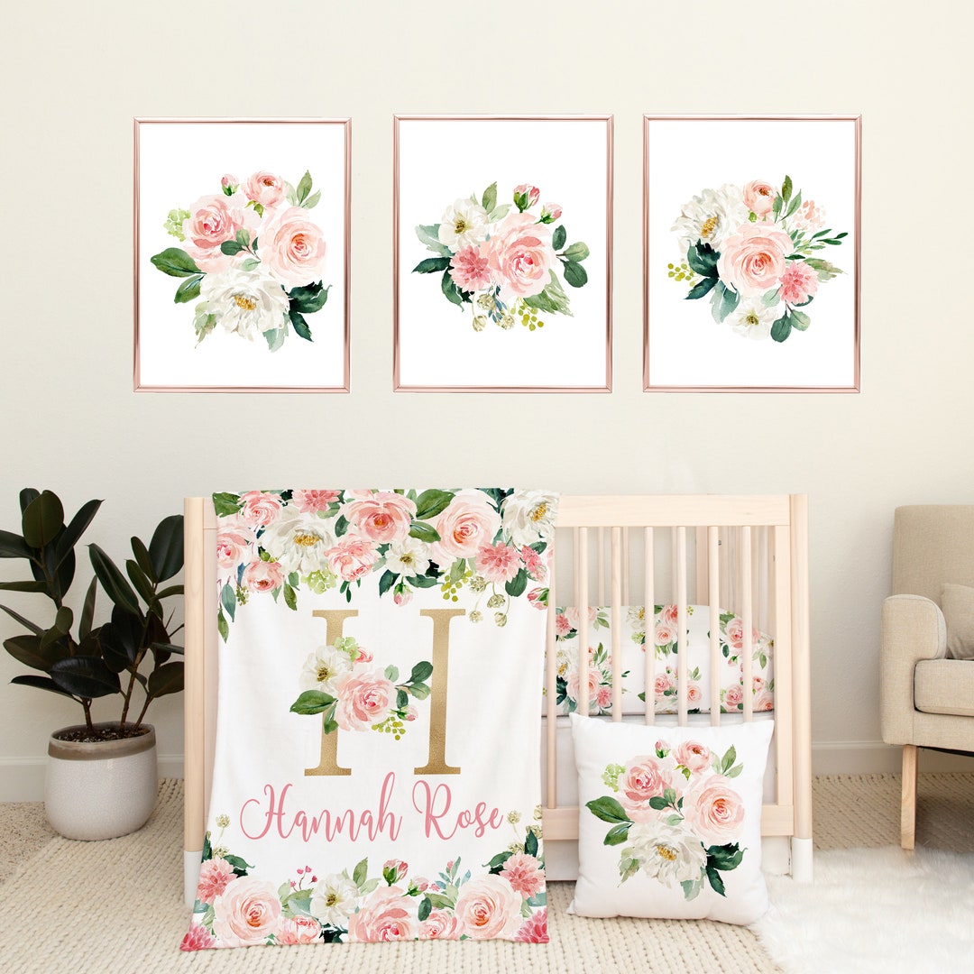Blush Pink Watercolor Floral Baby Girl Nursery Bedding Set:fitted Sheet ...