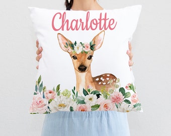 Woodland Animals Nursery Pillow Deer Blush Pink Flowers Pillow Nursery Decor Baby Shower Gift Animals Decorative Pillow P263