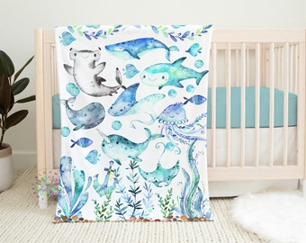 Sea Animals  Blanket, Baby Boy Under The Sea Ocean Watercolor  Blue Green Whale Shark Fish Ocean Baby Shower Gift Nursery Blanket B1560