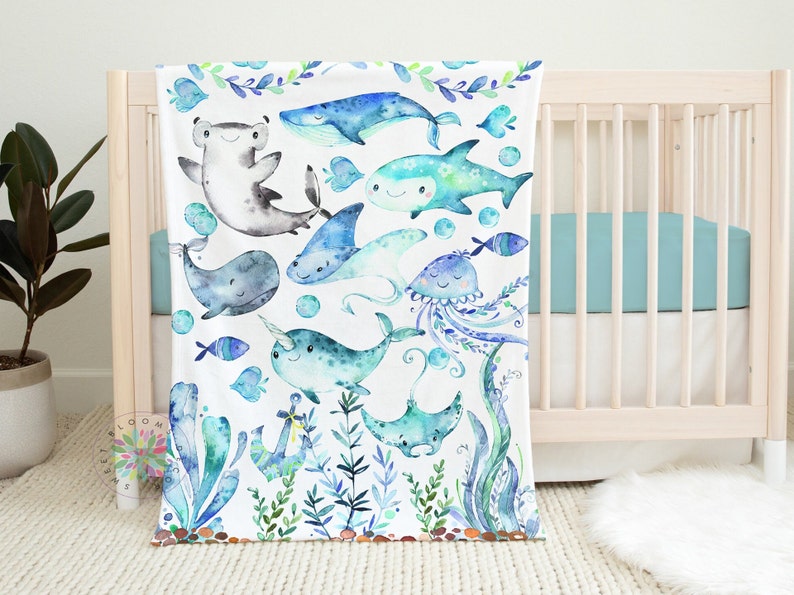 Sea Animals Blanket, Baby Boy Under the Sea Ocean Watercolor Blue Green ...