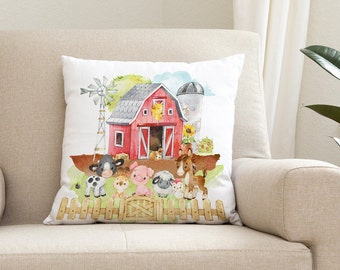 Farm Animals Nursery Throw Pillow, Barnyard Farmhouse Kids Bedroom Decor Baby Shower Gift Cow Pig Chicken Horse Sheep Dog P330