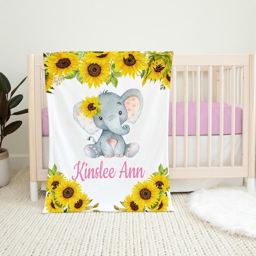 Personalized Baby Blanket With Sunflower & Elephant - Custom Name Nursery Blanket 30x40 Inches - View #5