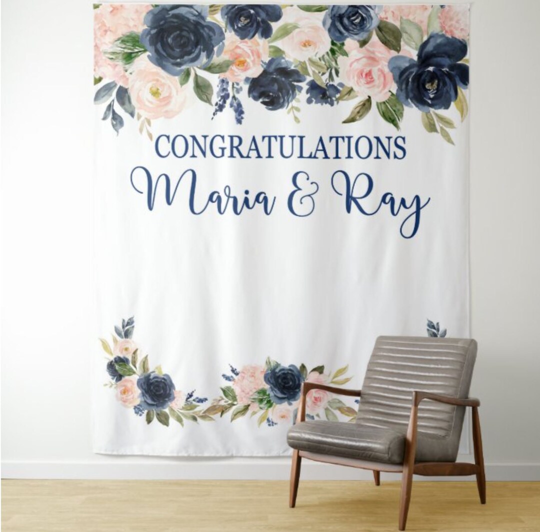 Floral Baby Shower Backdrop Blush Pink Navy Blue Flowers, Engagement ...