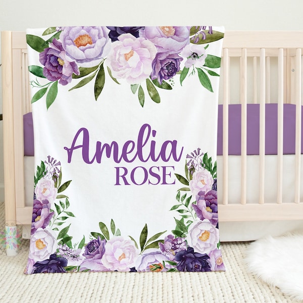 Purple Floral Girl Blanket, Personalized Baby Gift Lavender Flowers Roses Name Blanket, Baby Shower Gift Toddler Custom Nursery Decor B1634