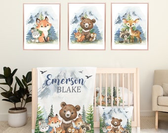 Woodland Animals Nursery Bedding,Forest Mountains Pine Trees :Fitted Crib Sheet,16x16 Pillow,30x40 Minky Blanket,3(11x14) Unframed Prints