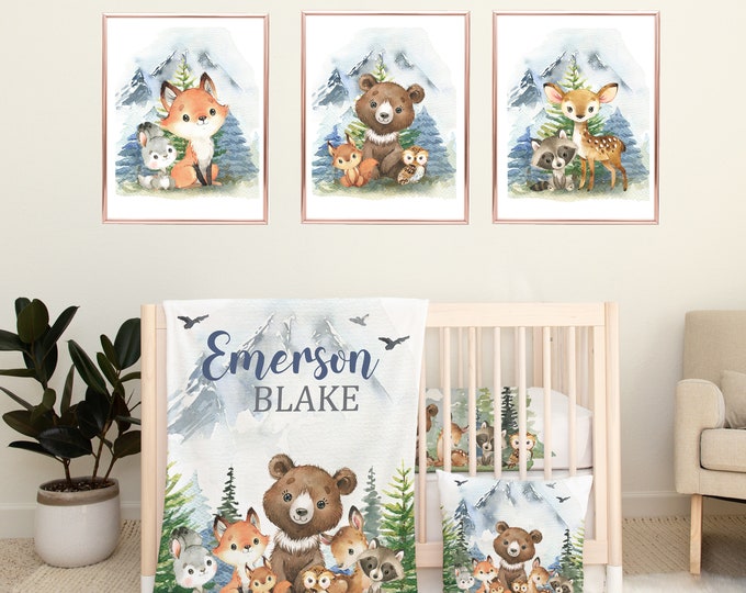 Woodland Animals Nursery Bedding,forest Mountains Pine Trees :fitted