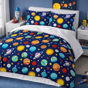Space Kids Bedding Set, Solar System Comforter, Outer Space Planets Theme Cotton Comforter Pillowcases, Boy Bedroom Decor