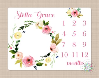 Girl Milestone Blanket Personalized Pink Watercolor Floral Wreath Monthly Growth Photo Prop Newborn Baby Girl Name Baby Shower Gift B359