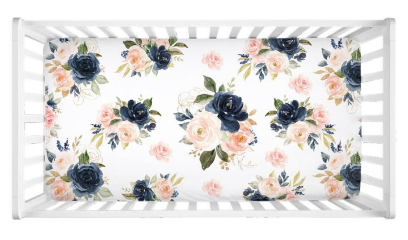 Blush Pink Navy Blue Watercolor Floral Nursery Decor Girl Baby Shower ...