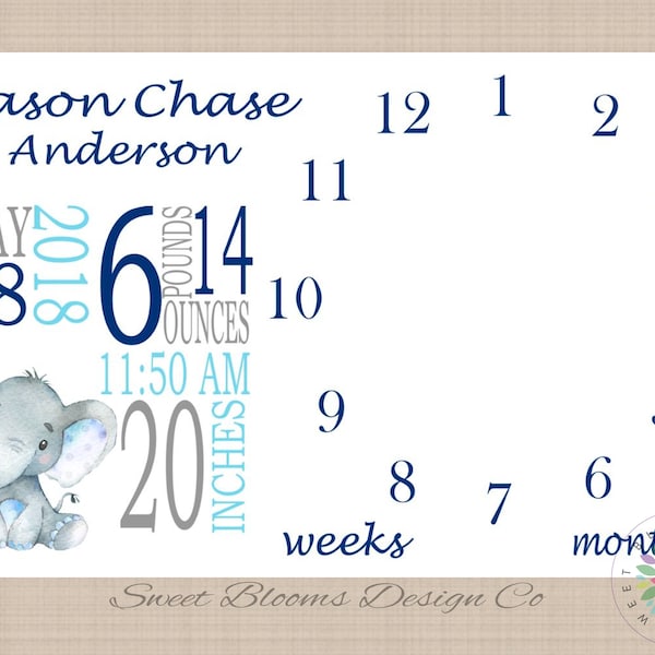 Milestone Blanket Boy Elephant Monthly Baby Blanket Elephant Milestone Blanket Boy Photo Prop Personalized Baby Shower Gift Navy Blue  B222