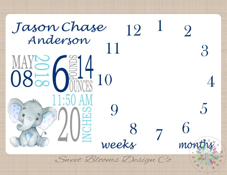 Milestone Blanket Boy Elephant Monthly Baby Blanket Elephant Etsy