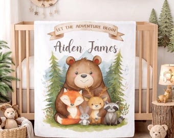 Personalized Woodland Baby Blanket, Let The Adventure Begin, Custom Name Blanket with Fox, Bear, Deer, Raccoon, Woodland Baby Shower Gift