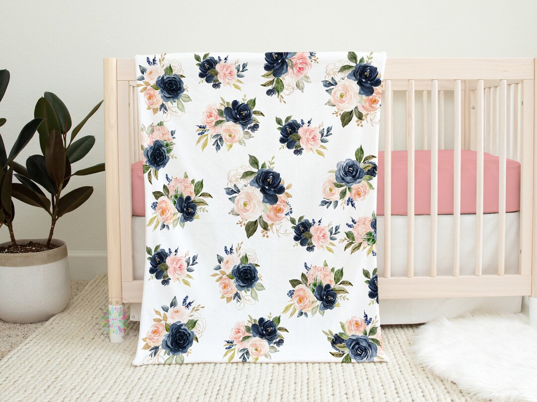 Floral Baby Girl Blanket, Navy Blue Blush Pink Watercolor Flowers ...