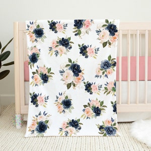 Floral Baby Girl Blanket, Navy Blue Blush Pink Watercolor Flowers Nursery  Blanket, Baby Shower Gift B1263