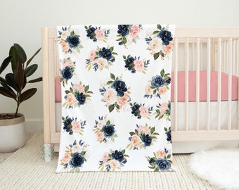 Floral Baby Girl Blanket, Navy Blue Blush Pink Watercolor Flowers ...