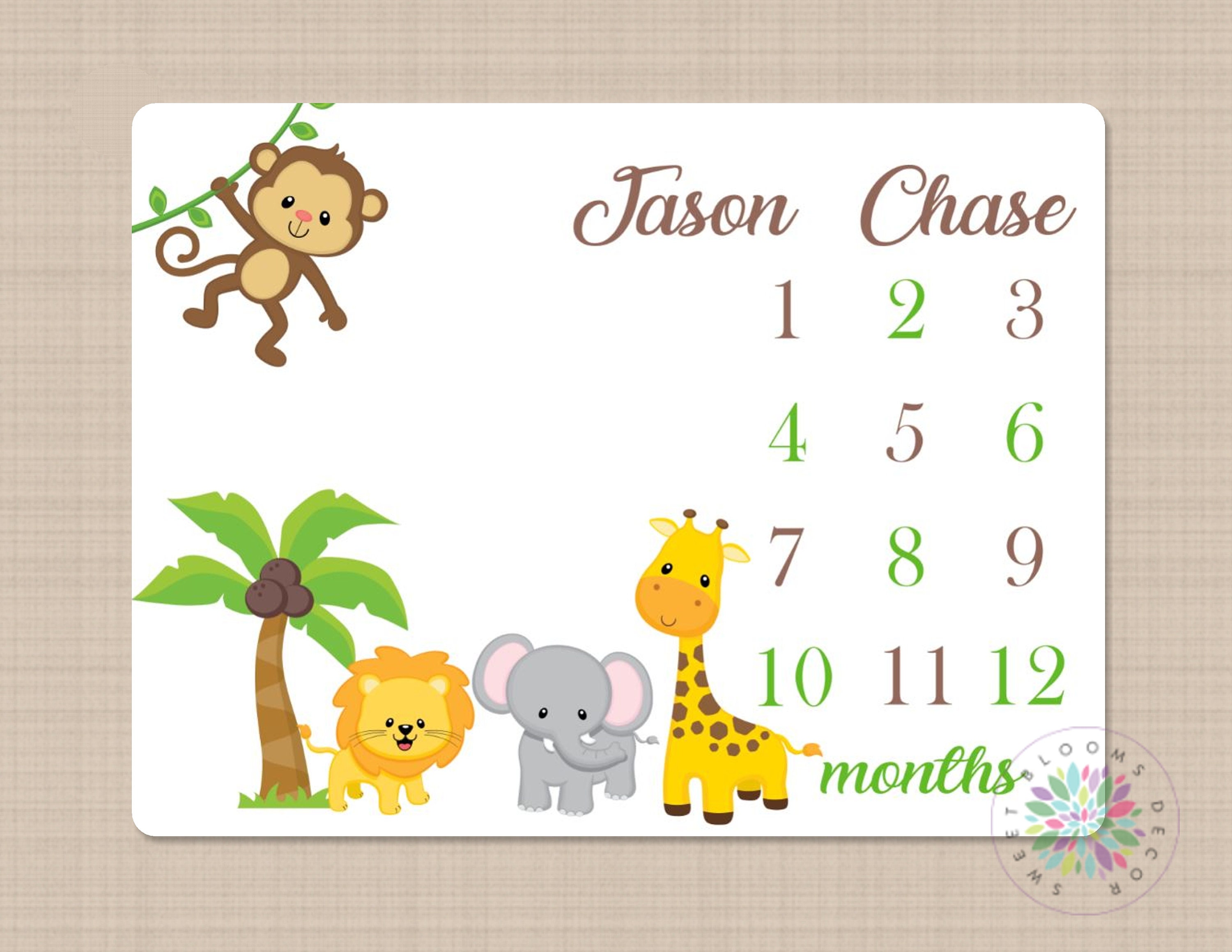 Milestone Blanket Boy Safari Animals Baby Blanket Jungle Monthly Growth ...