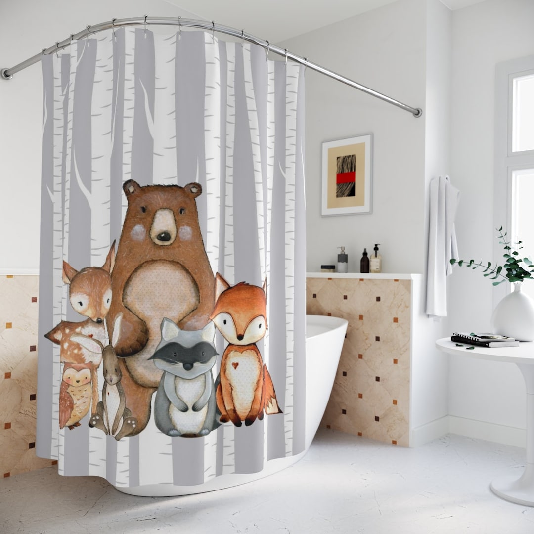 Woodland Animals Kids Shower Curtain, Woodland Forest Bath Mat Bathroom ...