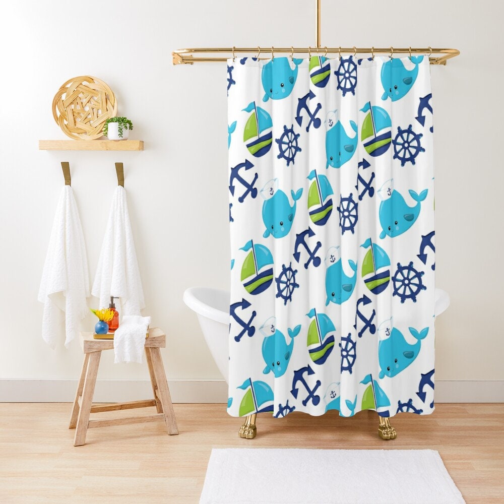 Nautical Kids Shower Curtain, Whale Boat Anchor Navy Green Shower Curtain  Whale Bathroom Decor Nautical Boy Bathoom Decor Bath Mat S107 - Etsy, image size:1000x1000