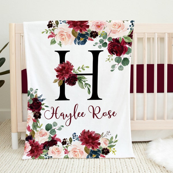 Floral Girl Name Blanket, Burgundy Red Blush Pink Gold Navy Blue Maroon Watercolor Flowers Monogram  Baby Shower Gift B1424