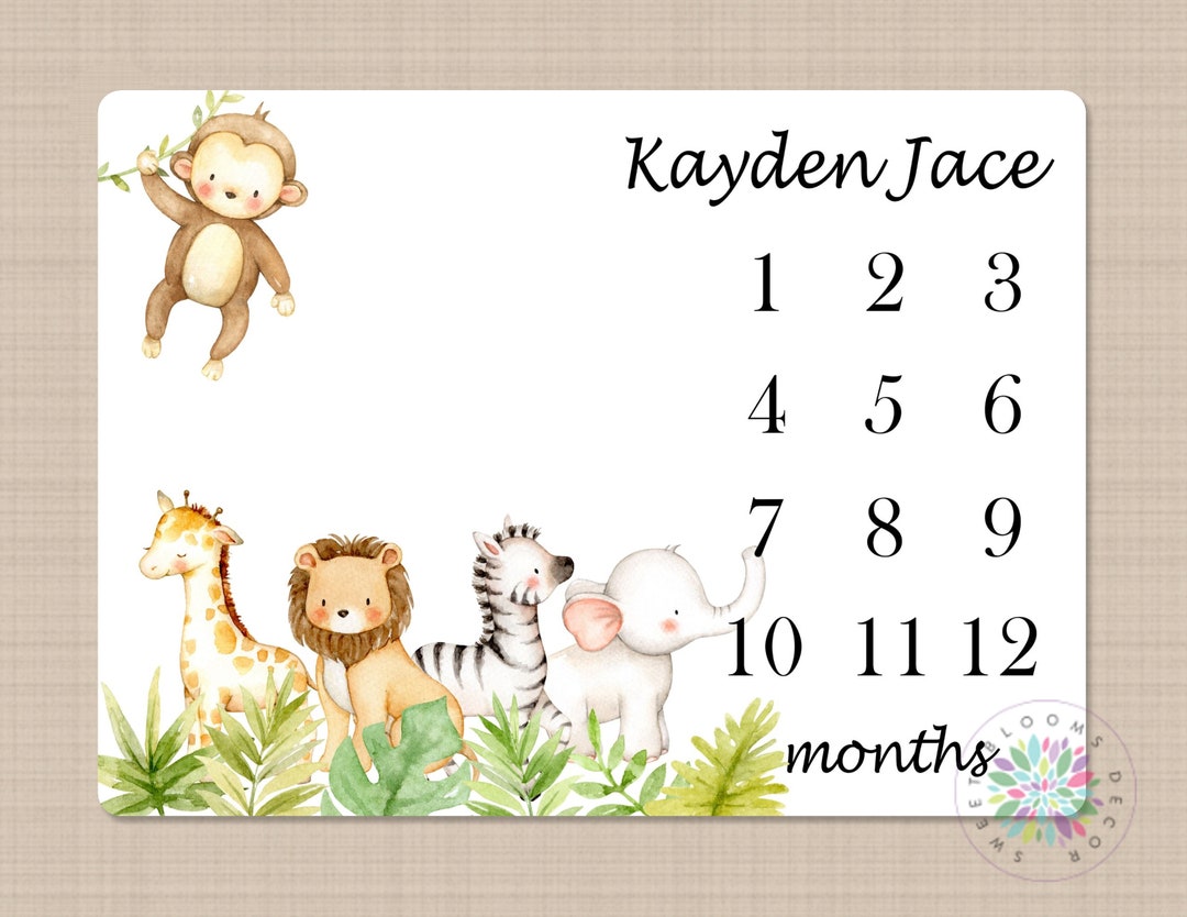 Safari Animals Milestone Blanket Monthly Growth Tracker Personalized ...