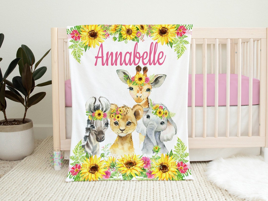 Animals Baby Girl Name Blanket Sunflowers Pink Floral Personalized ...